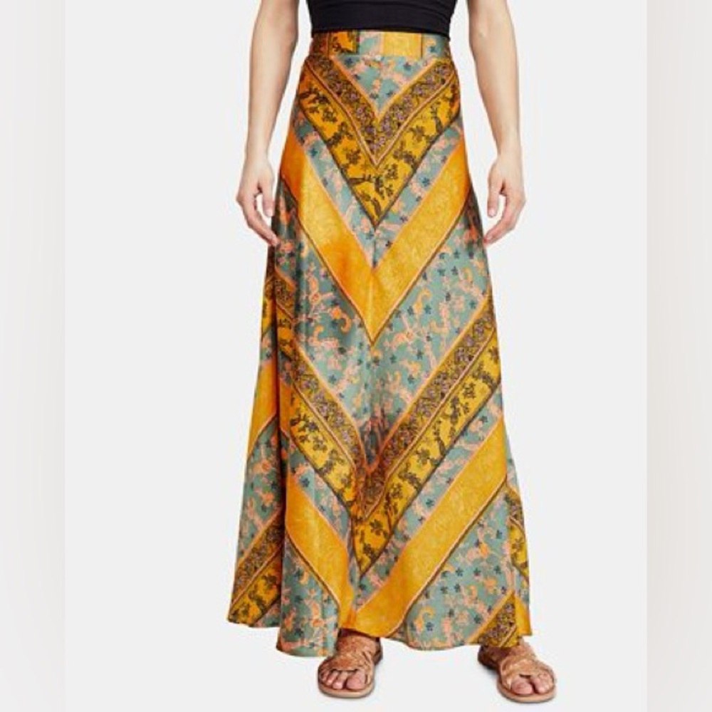 Free People Chevron Maxi Skirt in Yellow and Teal Floral